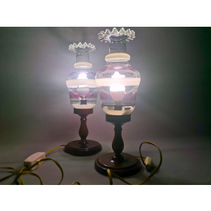 Portuguese Farmhouse rustic wooden table lamps with torch glass shades, 1970s, Set of 2