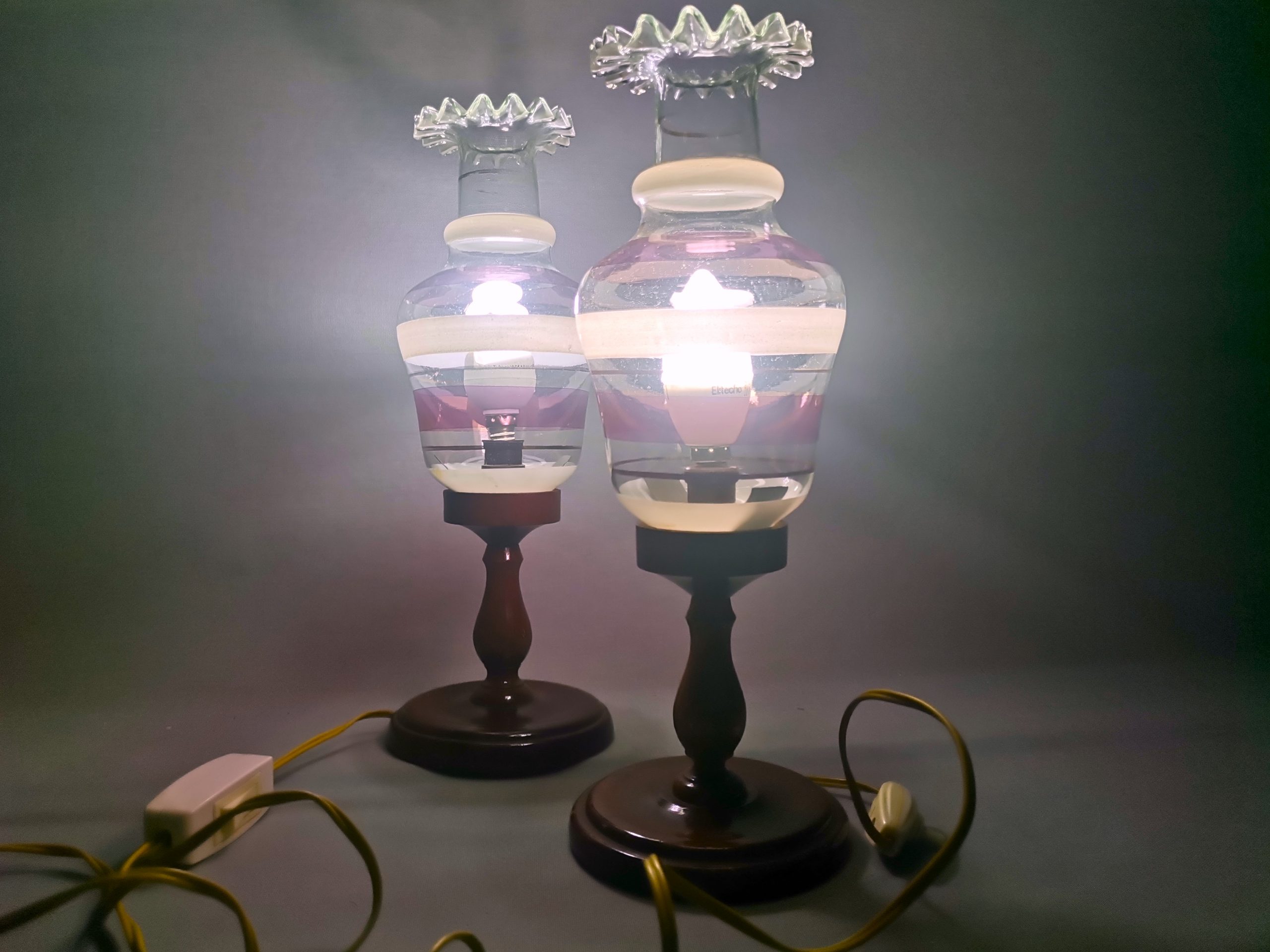 Portuguese Farmhouse rustic wooden table lamps with torch glass shades, 1970s, Set of 2