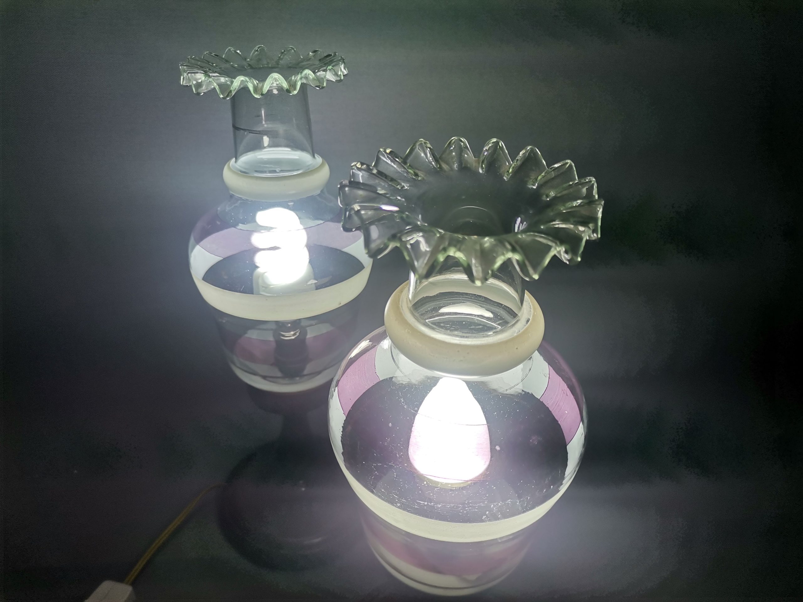 Portuguese Farmhouse rustic wooden table lamps with torch glass shades, 1970s, Set of 2