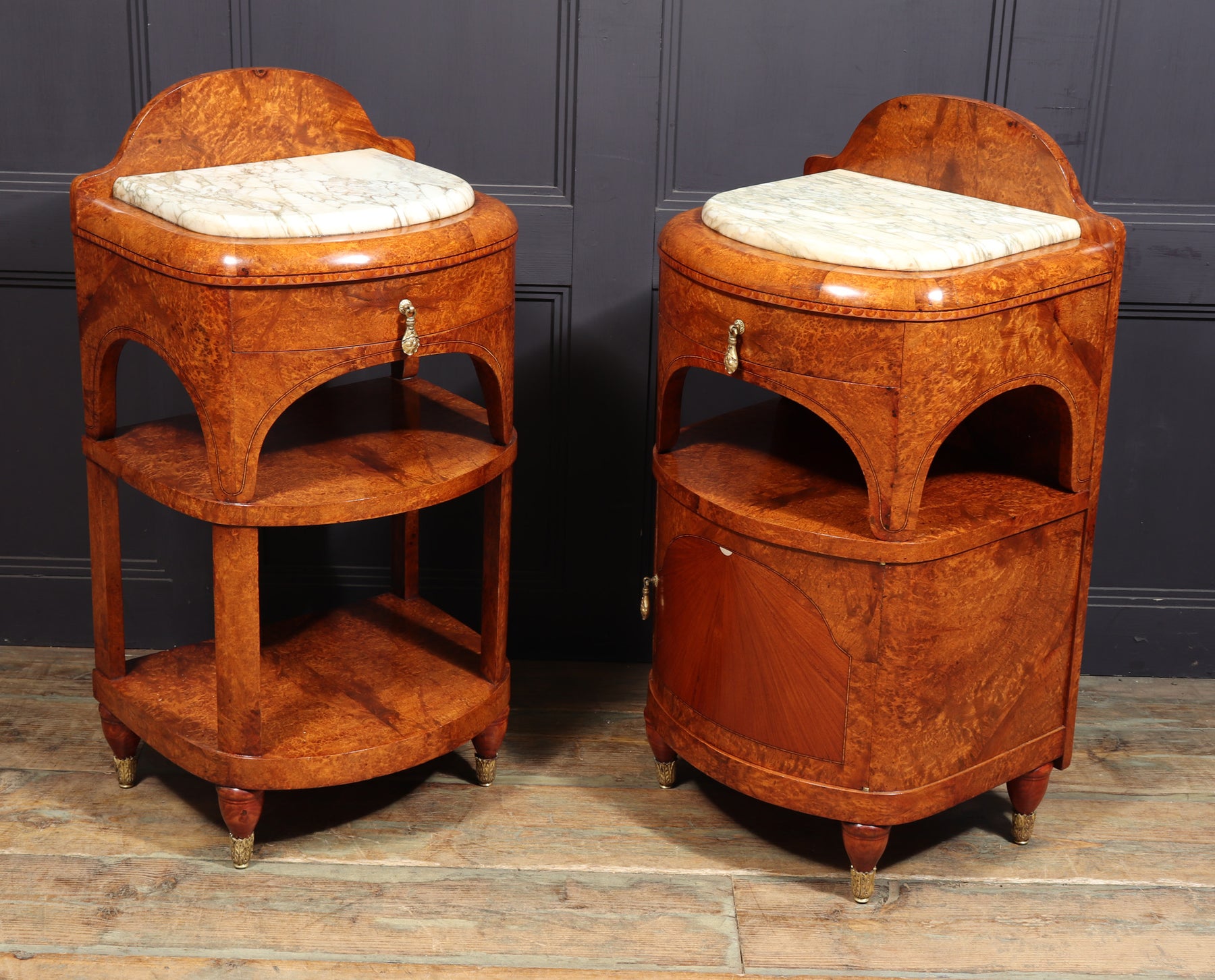 Ornate Art Nouveau Bedside Cabinets In Amboyna C1900