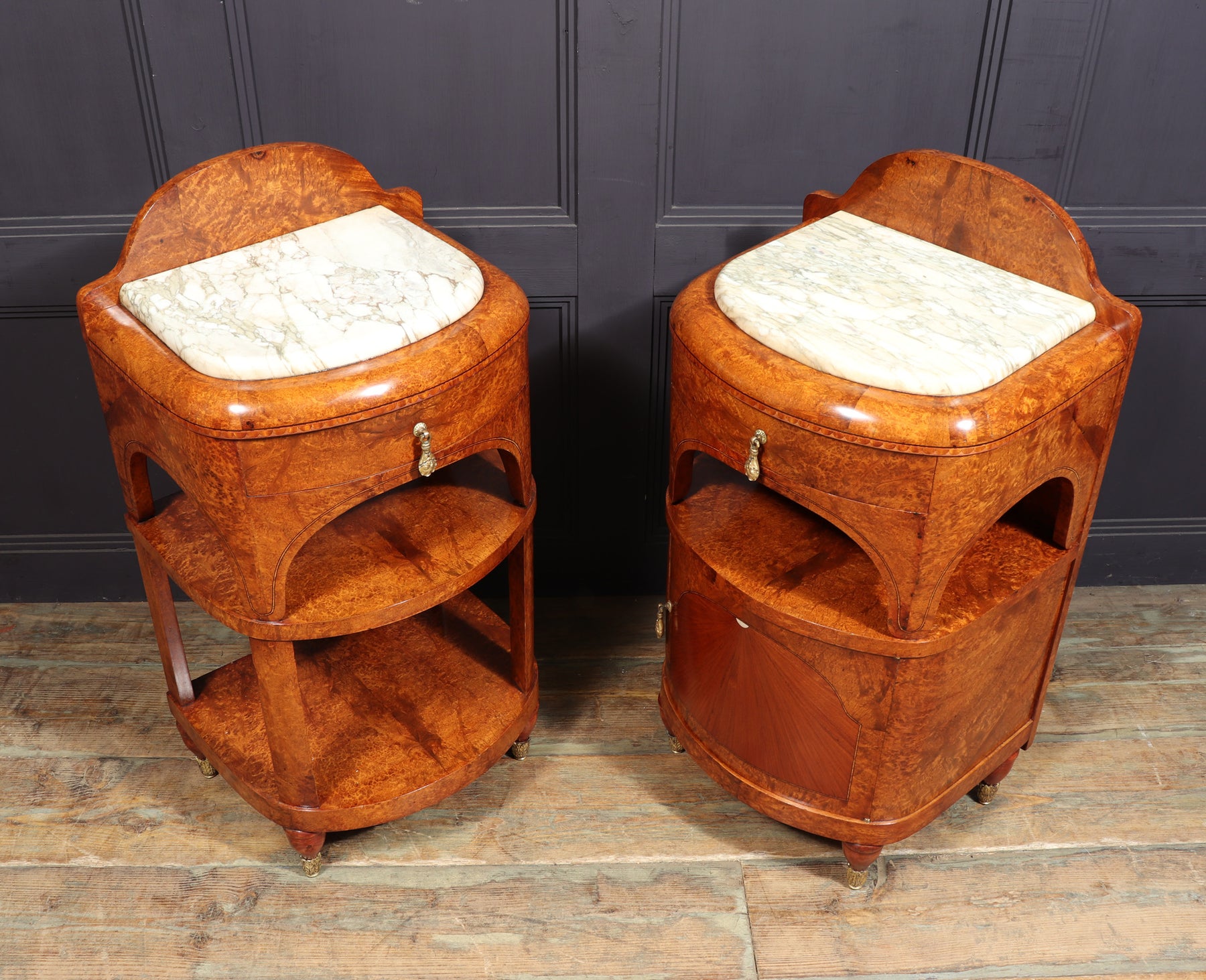 Ornate Art Nouveau Bedside Cabinets In Amboyna C1900