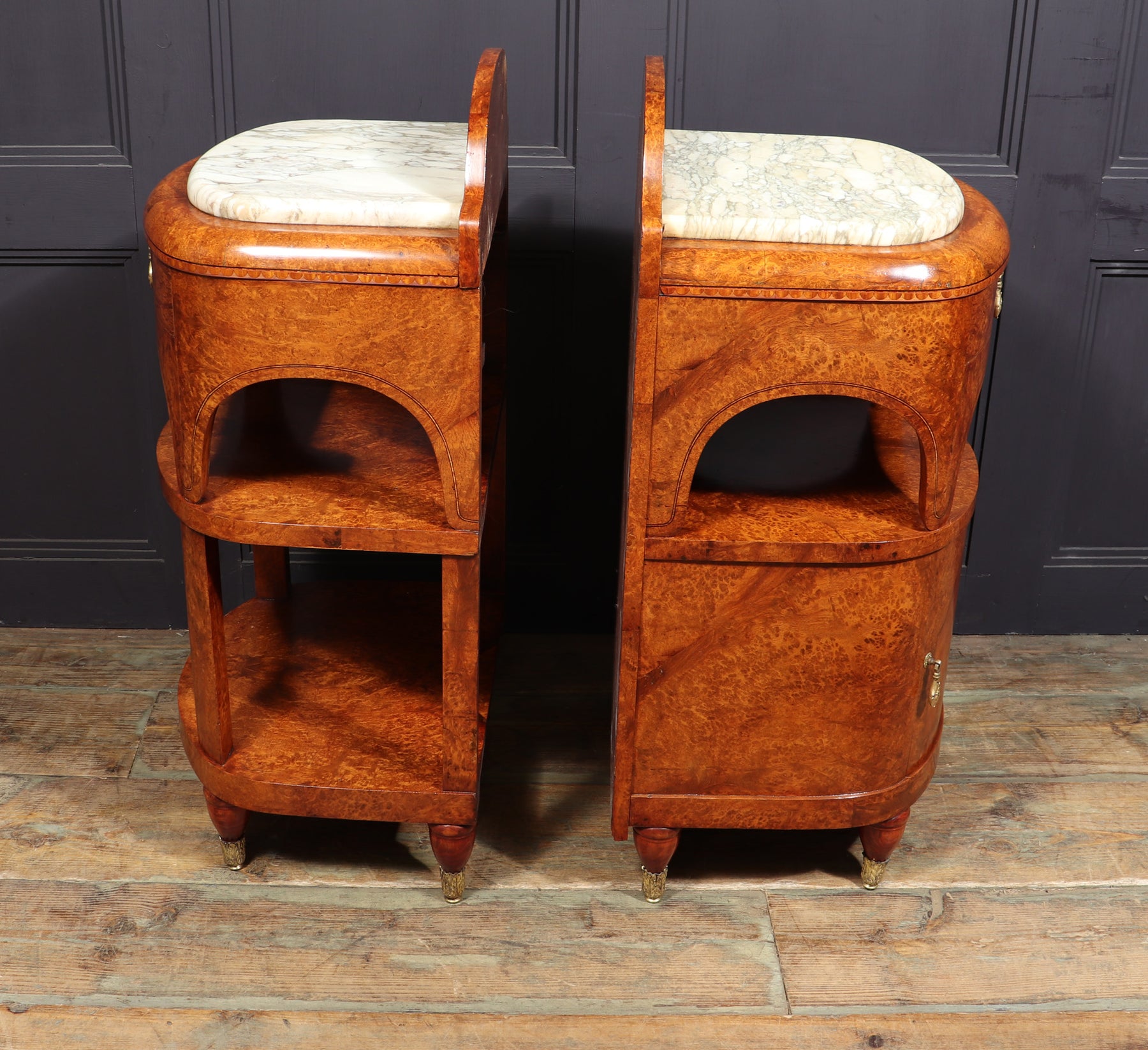 Ornate Art Nouveau Bedside Cabinets In Amboyna C1900