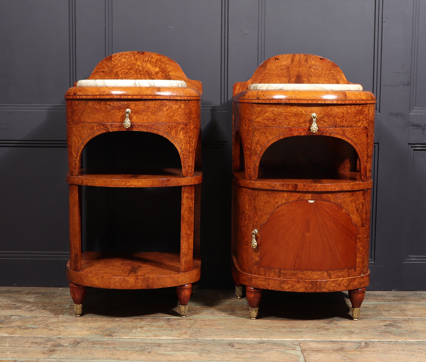 Ornate Art Nouveau Bedside Cabinets In Amboyna C1900