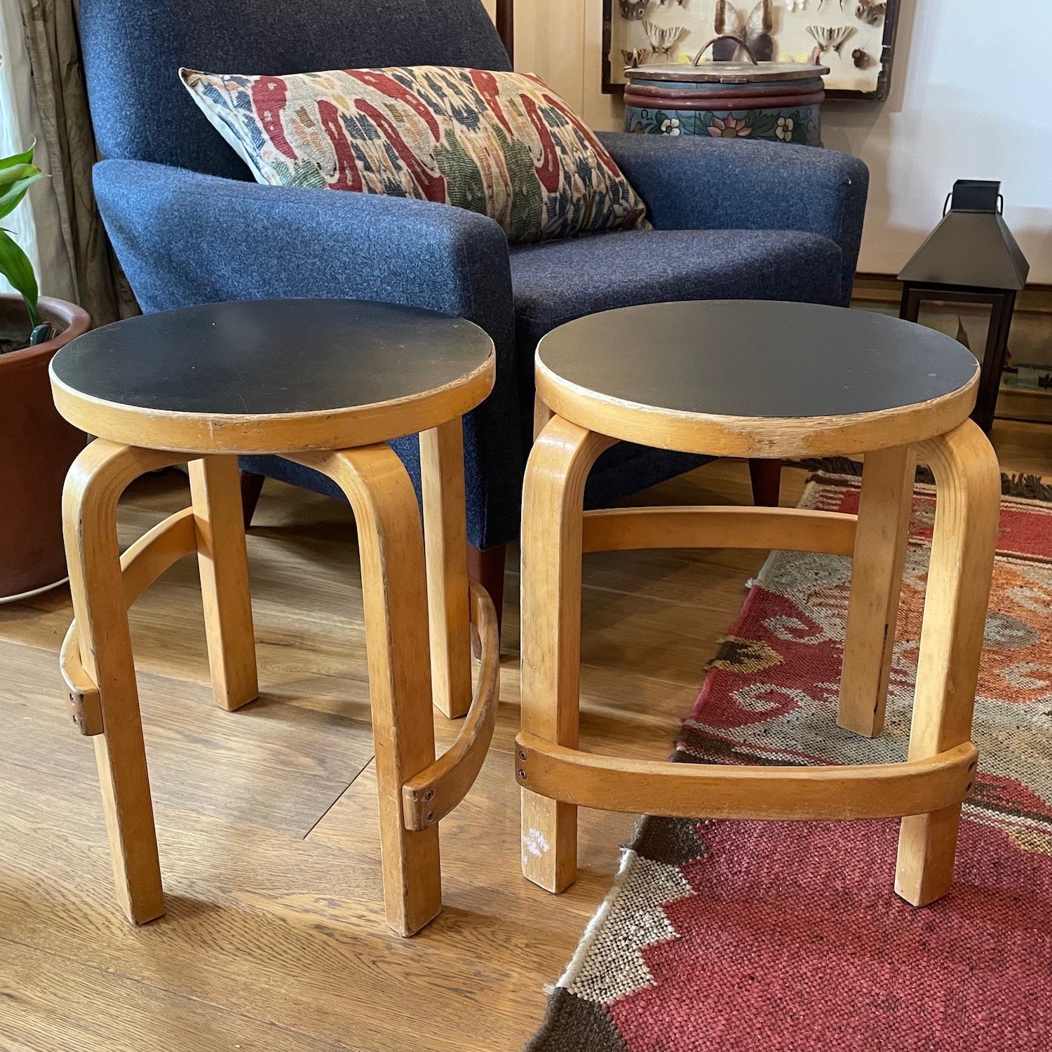 Alvar Aalto L-leg E 60 Stools in Birch & Black Linoleum