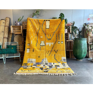 Moroccan Yellow Traditional Boujad Rug, Handmade Berber Carpet, 1990's