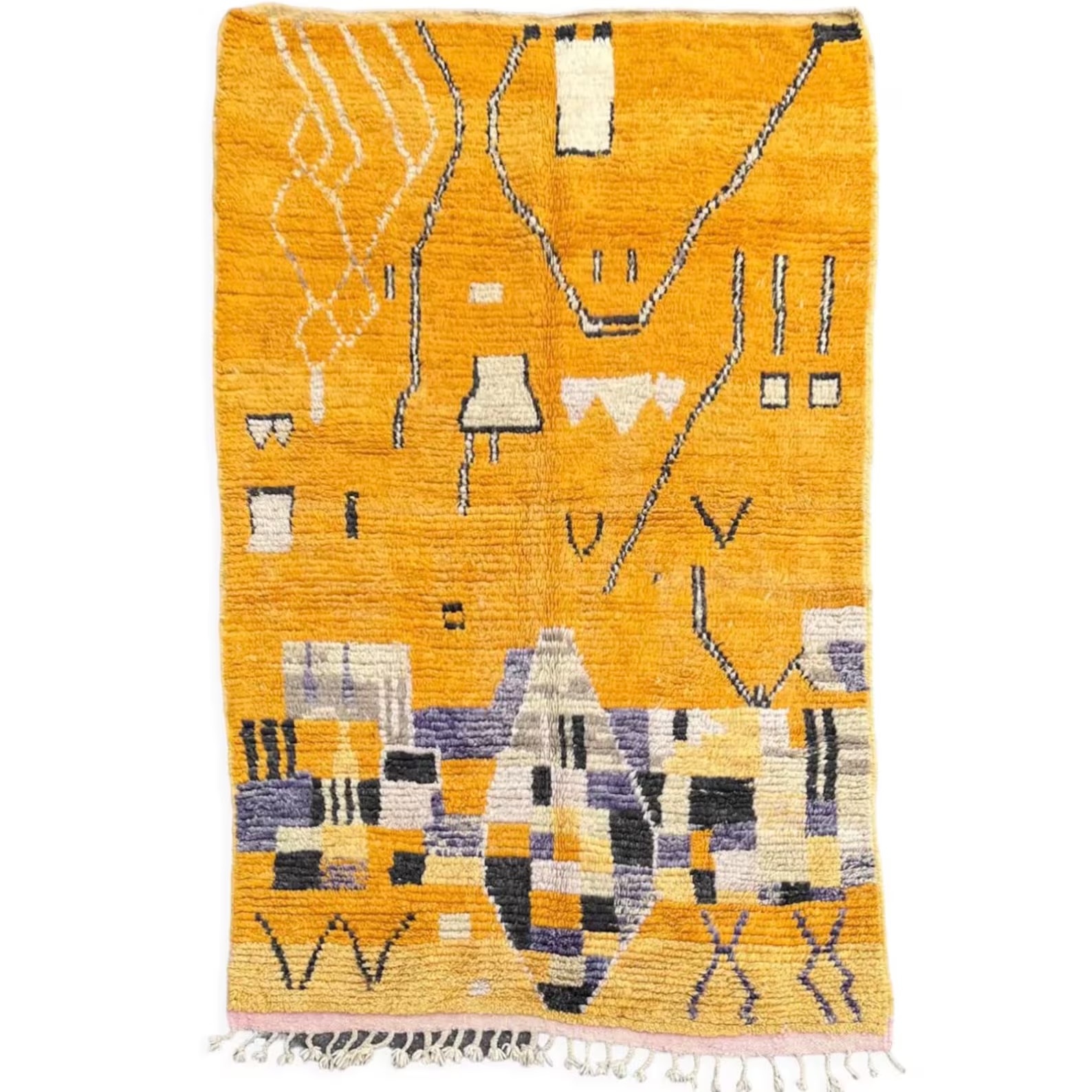 Moroccan Yellow Traditional Boujad Rug, Handmade Berber Carpet, 1990's