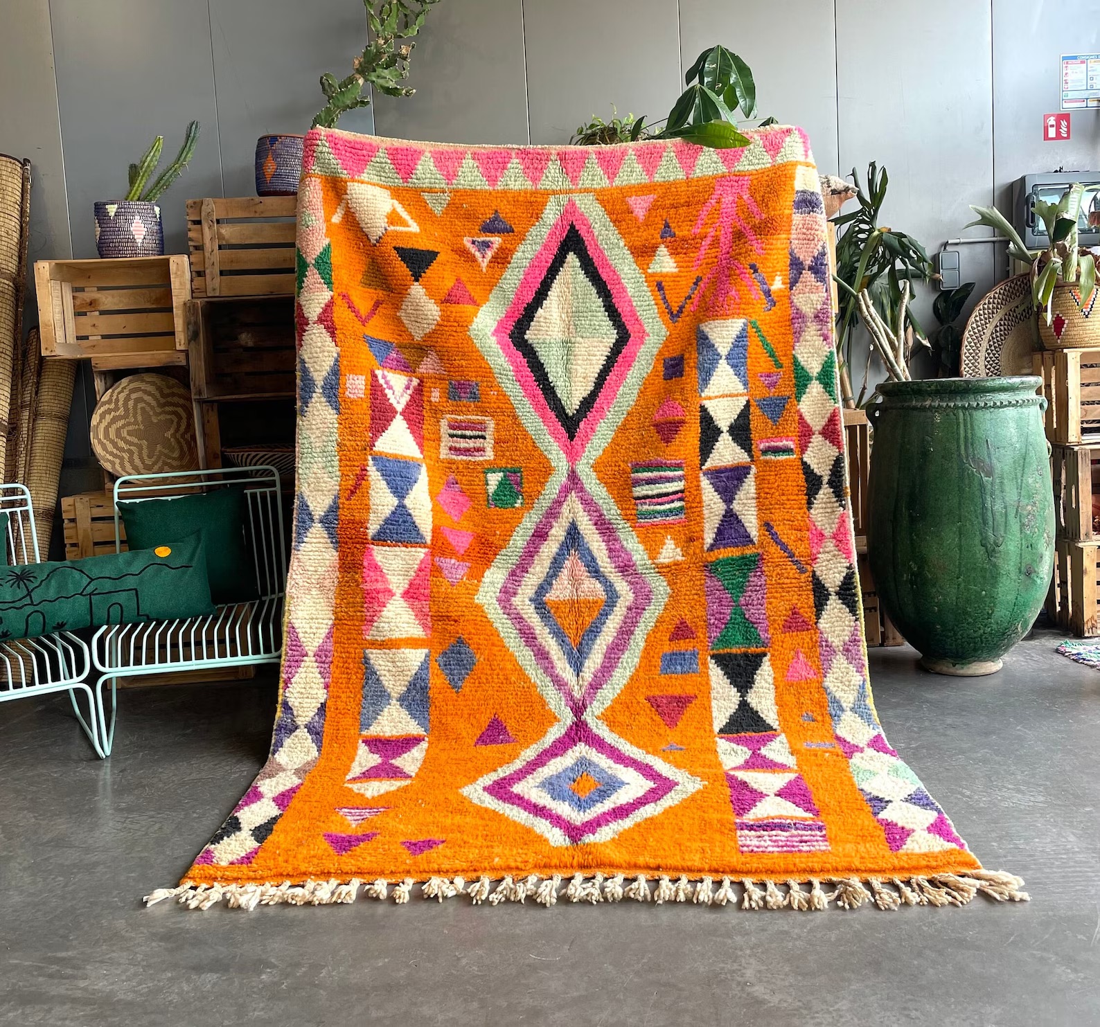 Berber Orange Boho Rug, Traditional Moroccan Craftsmanship, 1990's