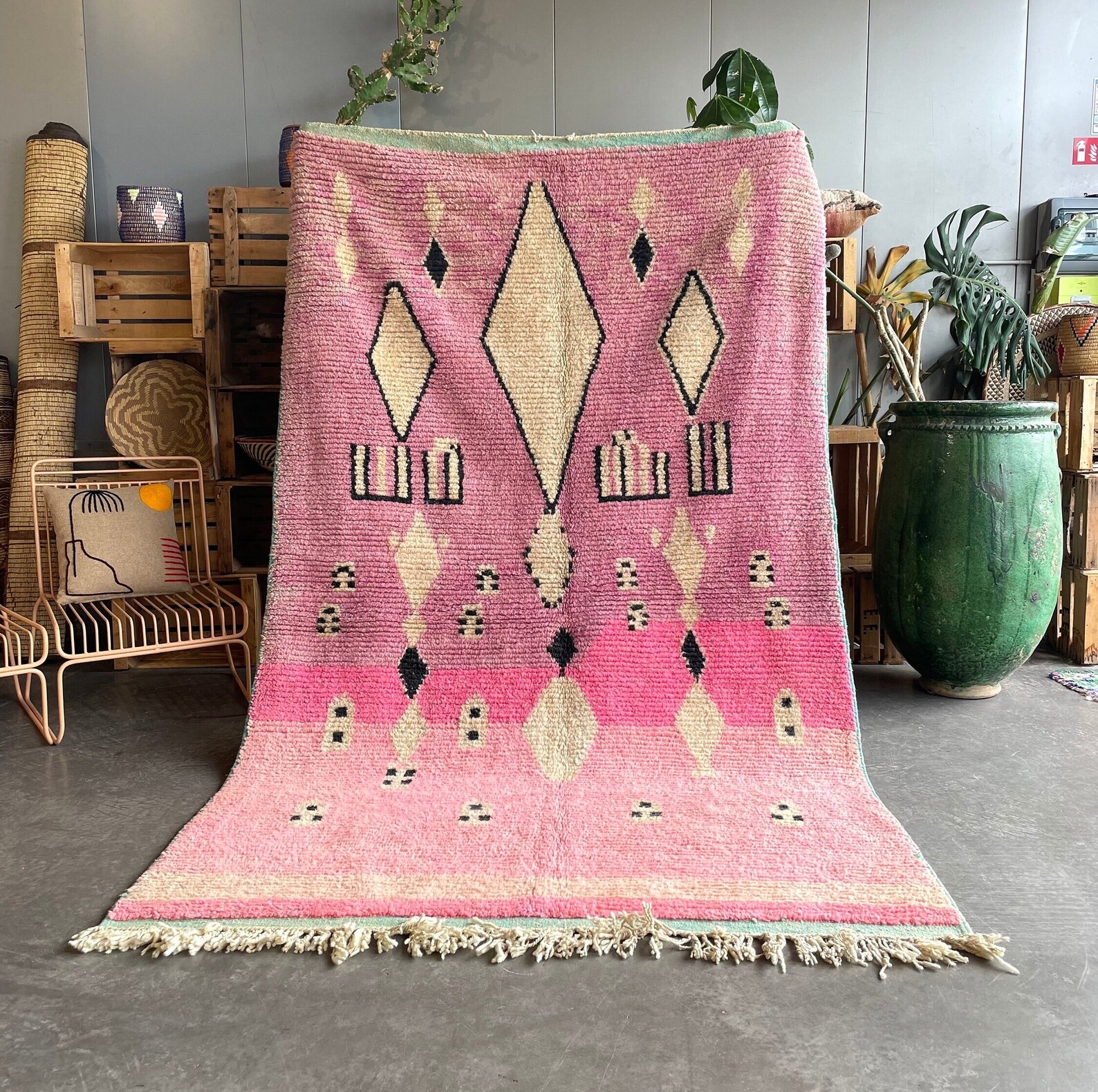 Pink Traditional Berber Moroccan Wool Rug, Handmade Rug, 1990's