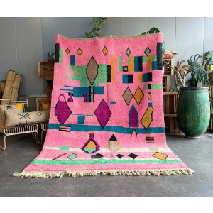 Pink Berber Moroccan Boujad Wool Rug, Handmade Wool Rug, 1990's
