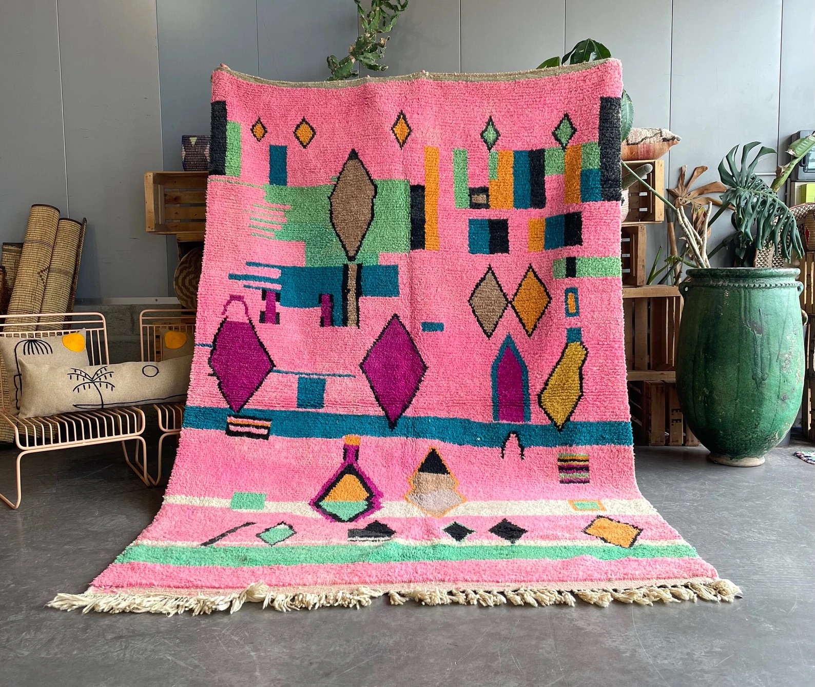 Pink Berber Moroccan Boujad Wool Rug, Handmade Wool Rug, 1990's