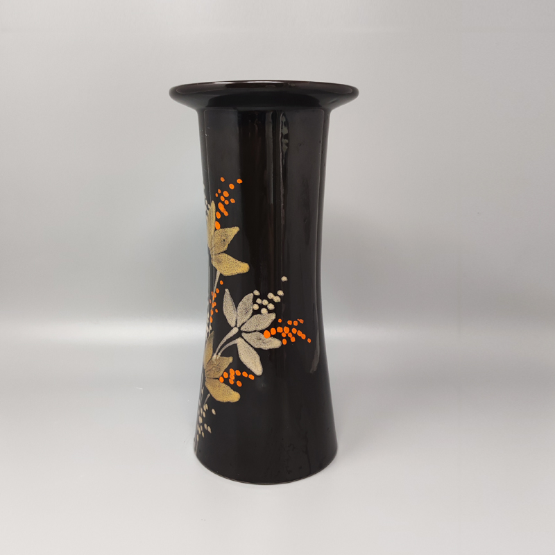 1970s Gorgeous brown vase ceramic by SIC hand-painted. Made in Italy