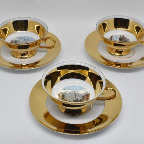 Porcelain espresso cups with saucers, vintage decorative cappuccino cups