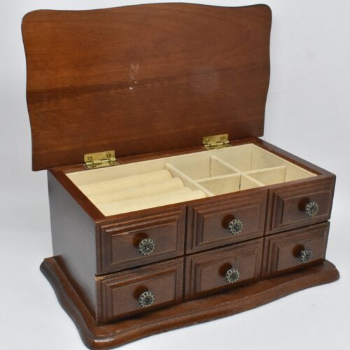 Mid century wooden jewellery box with a drawer