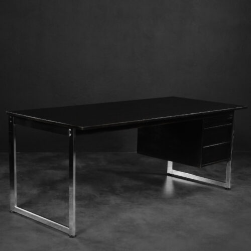 Vintage Mid-Century Danish Black Modern Minimalist Oak Office Desk with Chrome Base, 1970s
