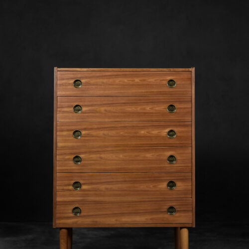 Mid-Century Danish Modern High Teak Highboy Chest of Drawers with Brass Handles, 1960s