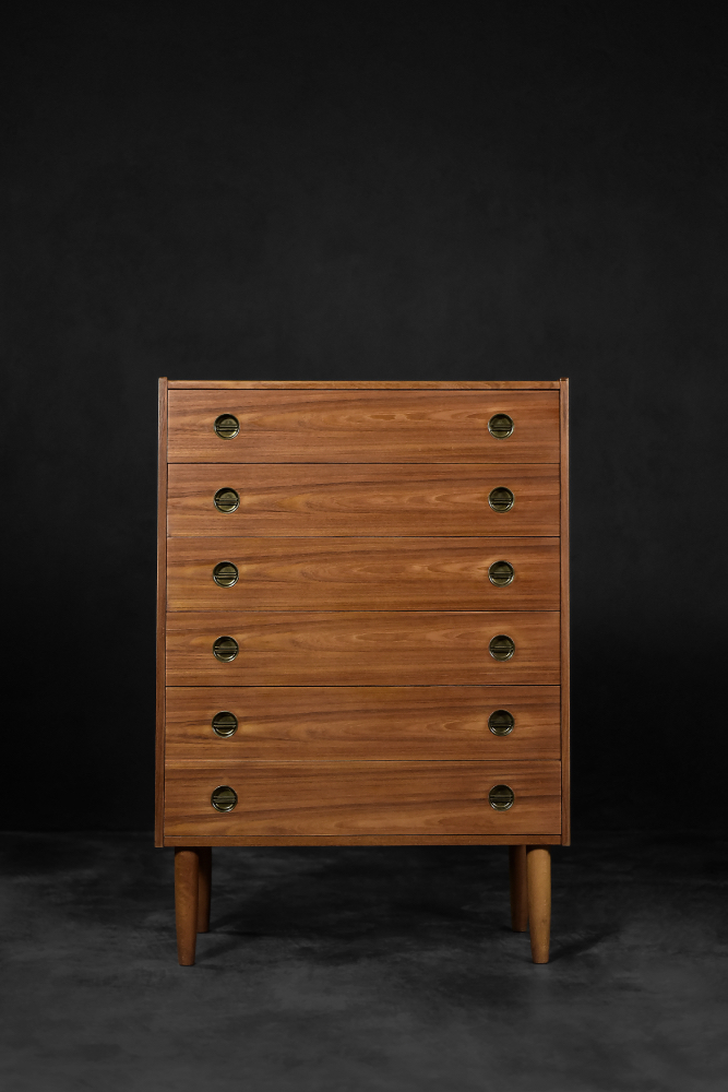 Mid-Century Danish Modern High Teak Highboy Chest of Drawers with Brass Handles, 1960s