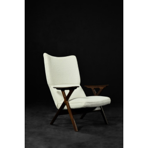 Vintage Mid-Century Norway Modern Teak & White Boucle Fabric High Lounge Chair, 1960s