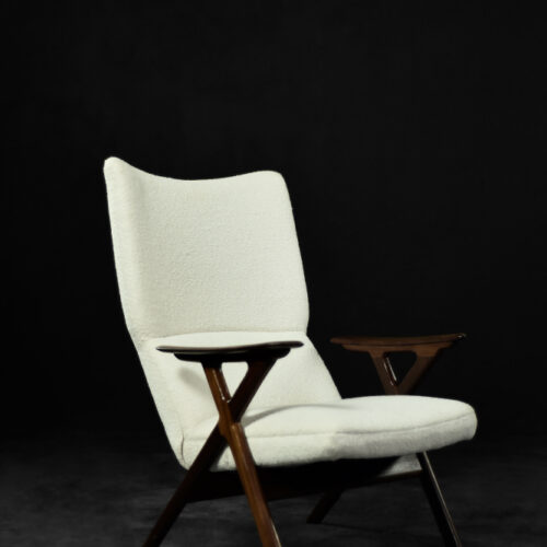 Vintage Mid-Century Norway Modern Teak & White Boucle Fabric High Lounge Chair, 1960s