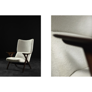 Vintage Mid-Century Norway Modern Teak & White Boucle Fabric High Lounge Chair, 1960s