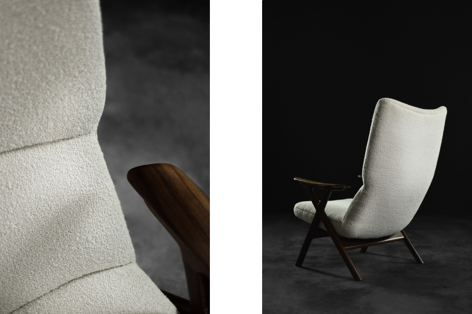 Vintage Mid-Century Norway Modern Teak & White Boucle Fabric High Lounge Chair, 1960s