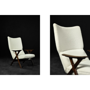 Vintage Mid-Century Norway Modern Teak & White Boucle Fabric High Lounge Chair, 1960s