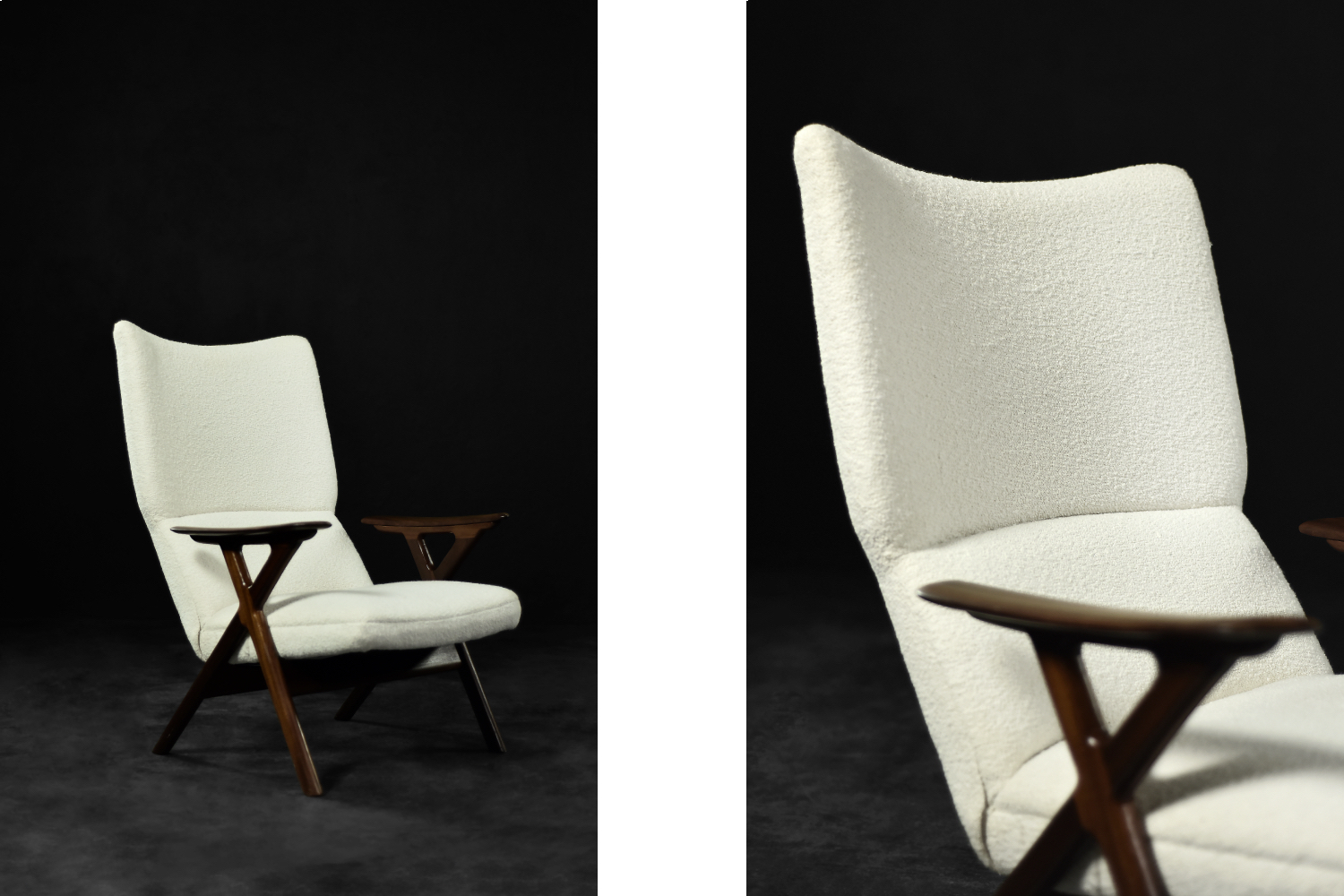 Vintage Mid-Century Norway Modern Teak & White Boucle Fabric High Lounge Chair, 1960s