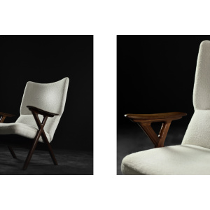Vintage Mid-Century Norway Modern Teak & White Boucle Fabric High Lounge Chair, 1960s
