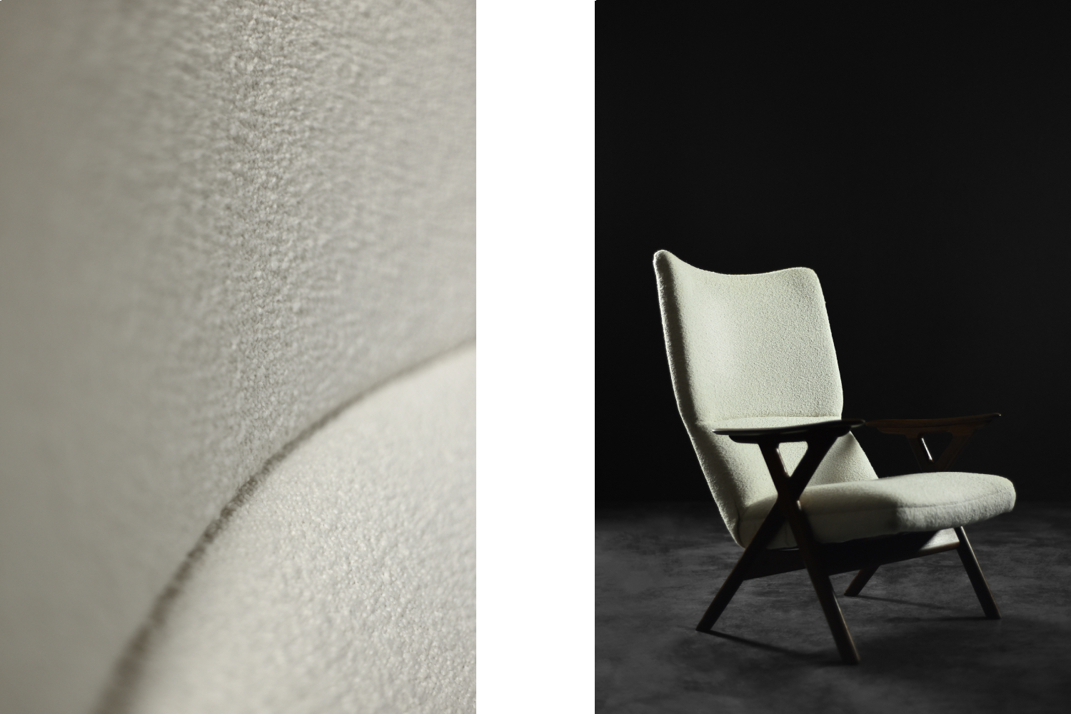 Vintage Mid-Century Norway Modern Teak & White Boucle Fabric High Lounge Chair, 1960s