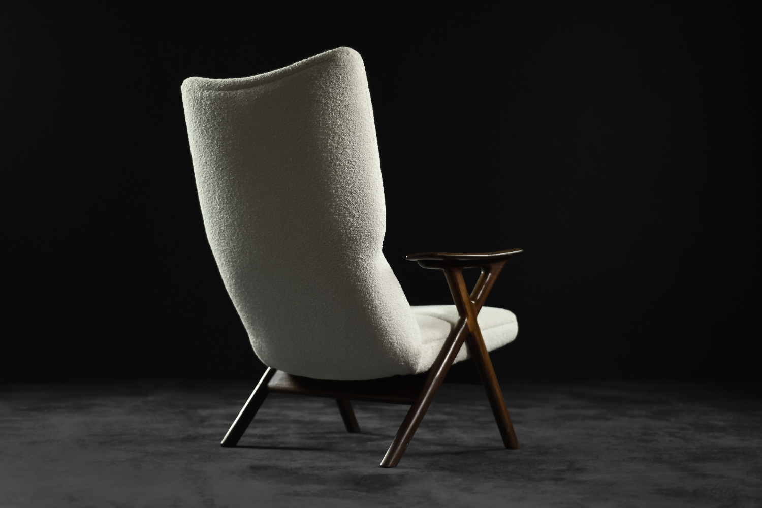 Vintage Mid-Century Norway Modern Teak & White Boucle Fabric High Lounge Chair, 1960s