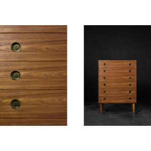 Mid-Century Danish Modern High Teak Highboy Chest of Drawers with Brass Handles, 1960s