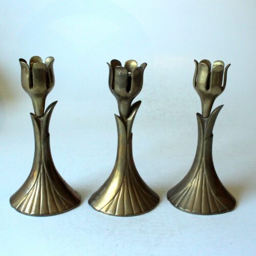 Set with 3 solid brass candle holder from the 1960s with floral motif, vintage