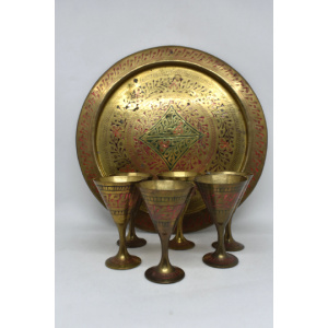 Brass Shot Glasses and tray set, Decorative metal goblets with platter