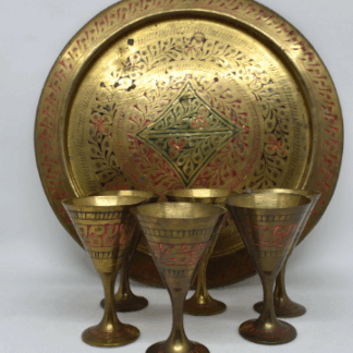 Brass Shot Glasses and tray set, Decorative metal goblets with platter