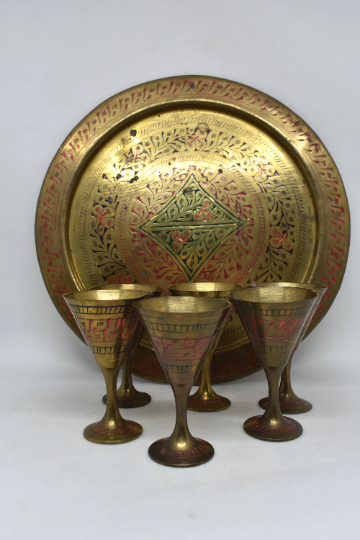 Brass Shot Glasses and tray set, Decorative metal goblets with platter