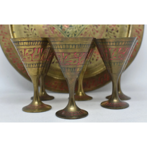 Brass Shot Glasses and tray set, Decorative metal goblets with platter