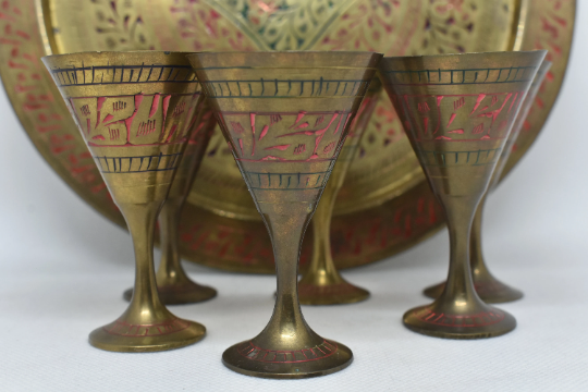 Brass Shot Glasses and tray set, Decorative metal goblets with platter