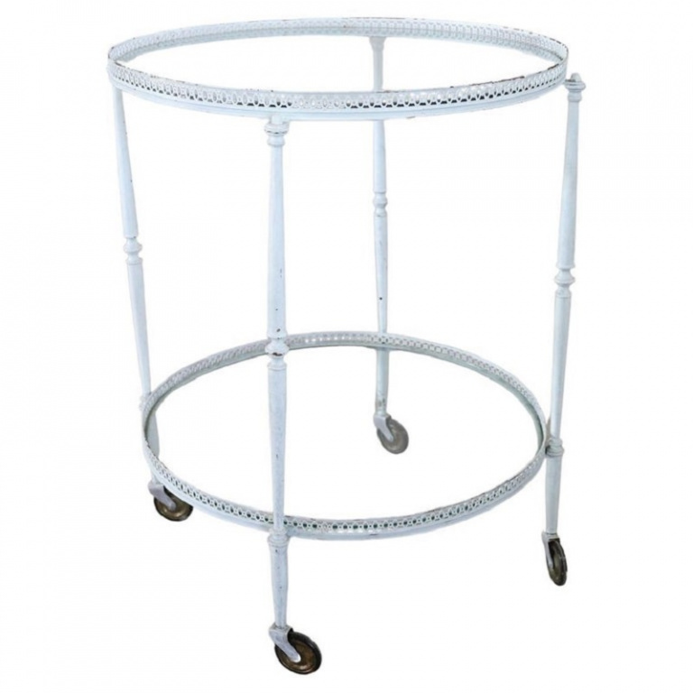White Lacquered Brass and Two Glass Tops Round Drinks Trolley, 1980s