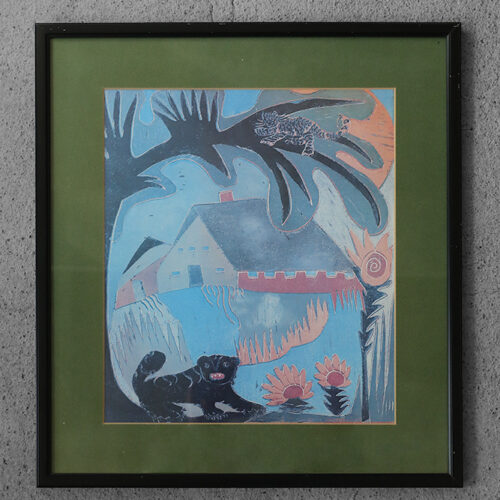 Vintage Color Lithograph in the Trend of Primitivism, Naive Art, Framed