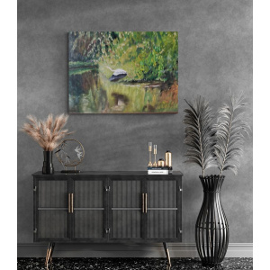 Vintage painting of a heron flying over a pond