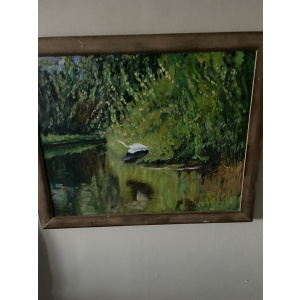 Vintage painting of a heron flying over a pond