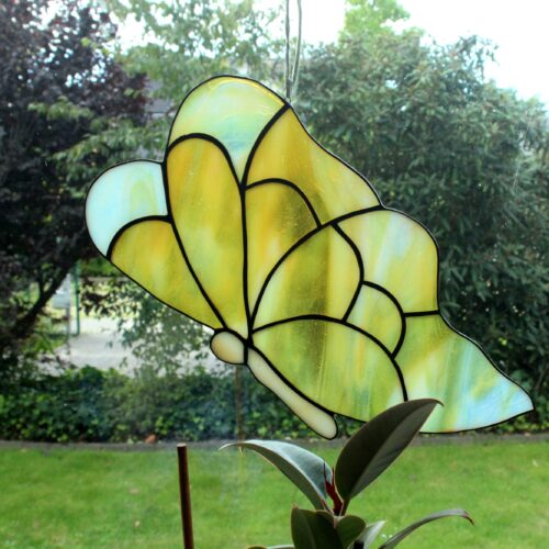 Tiffany style glass window picture, handmade, with metal frame, vintage from the 1980s