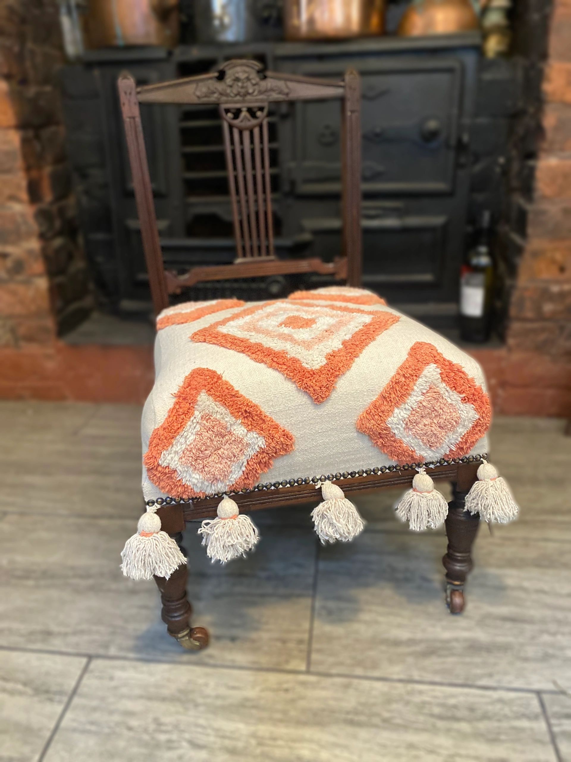 Antique Victorian Nursing chair in Geometric hand tufted upholstery