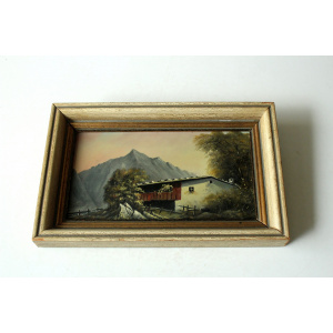 Oil painting on canvas from the 1940s, farm in the alps, not signed, with a wooden frame
