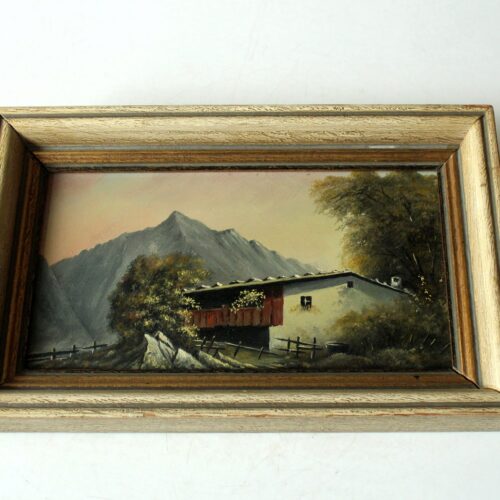 Oil painting on canvas from the 1940s, farm in the alps, not signed, with a wooden frame