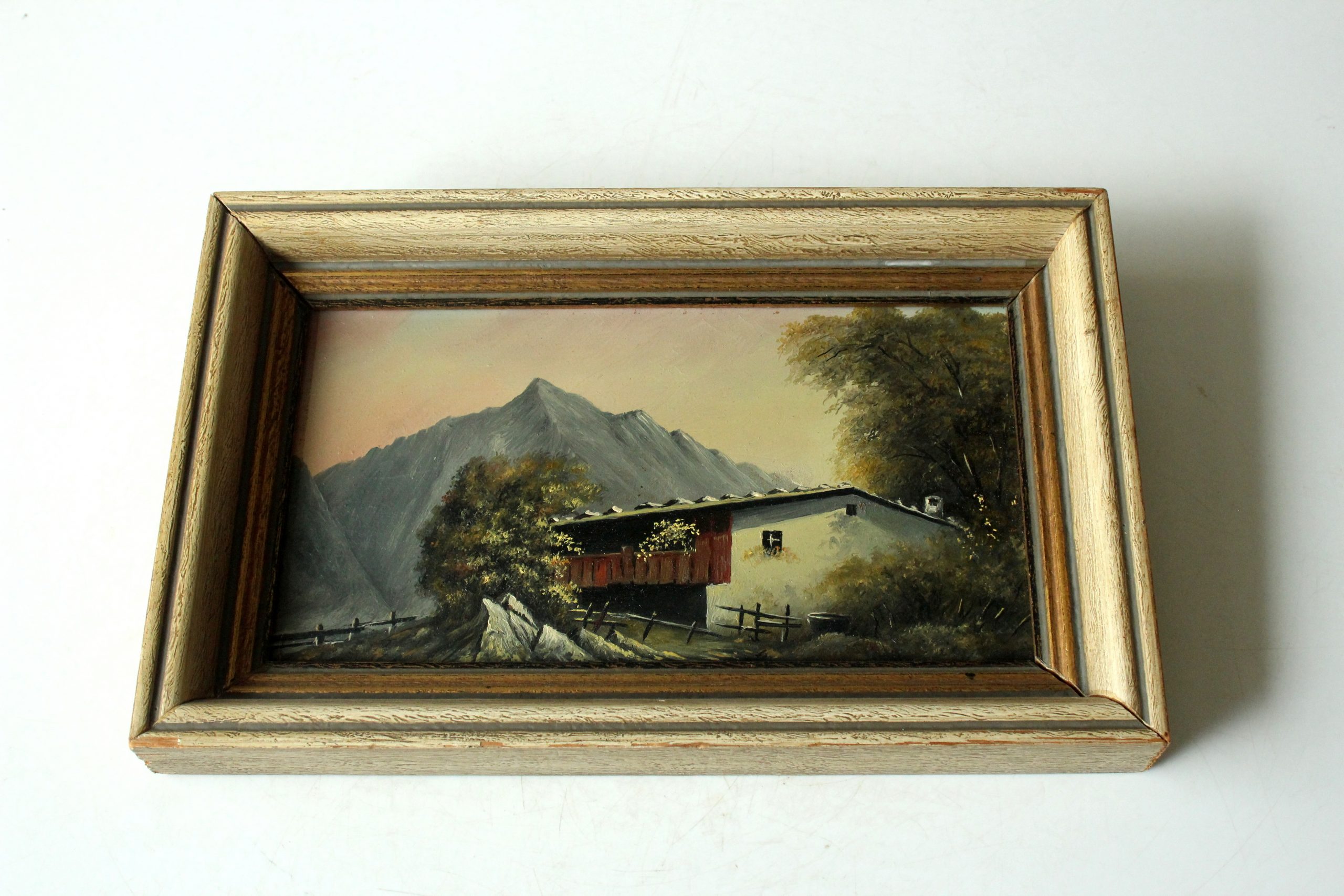 Oil painting on canvas from the 1940s, farm in the alps, not signed, with a wooden frame