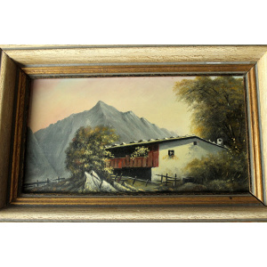 Oil painting on canvas from the 1940s, farm in the alps, not signed, with a wooden frame