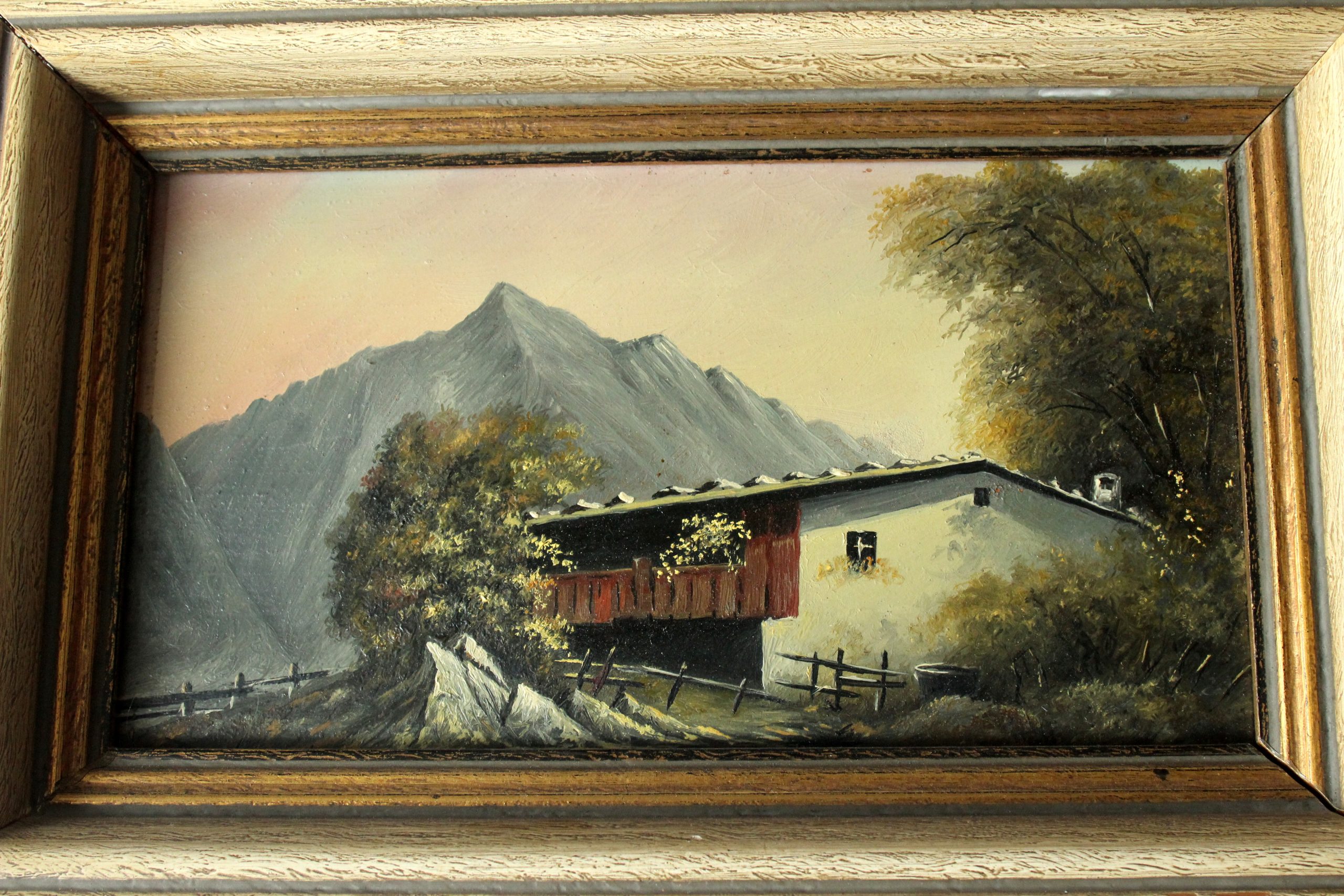 Oil painting on canvas from the 1940s, farm in the alps, not signed, with a wooden frame
