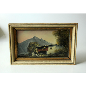 Oil painting on canvas from the 1940s, farm in the alps, not signed, with a wooden frame