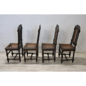 Late 19th Century Carved Walnut Chairs with Vienna Straw, Set of 4