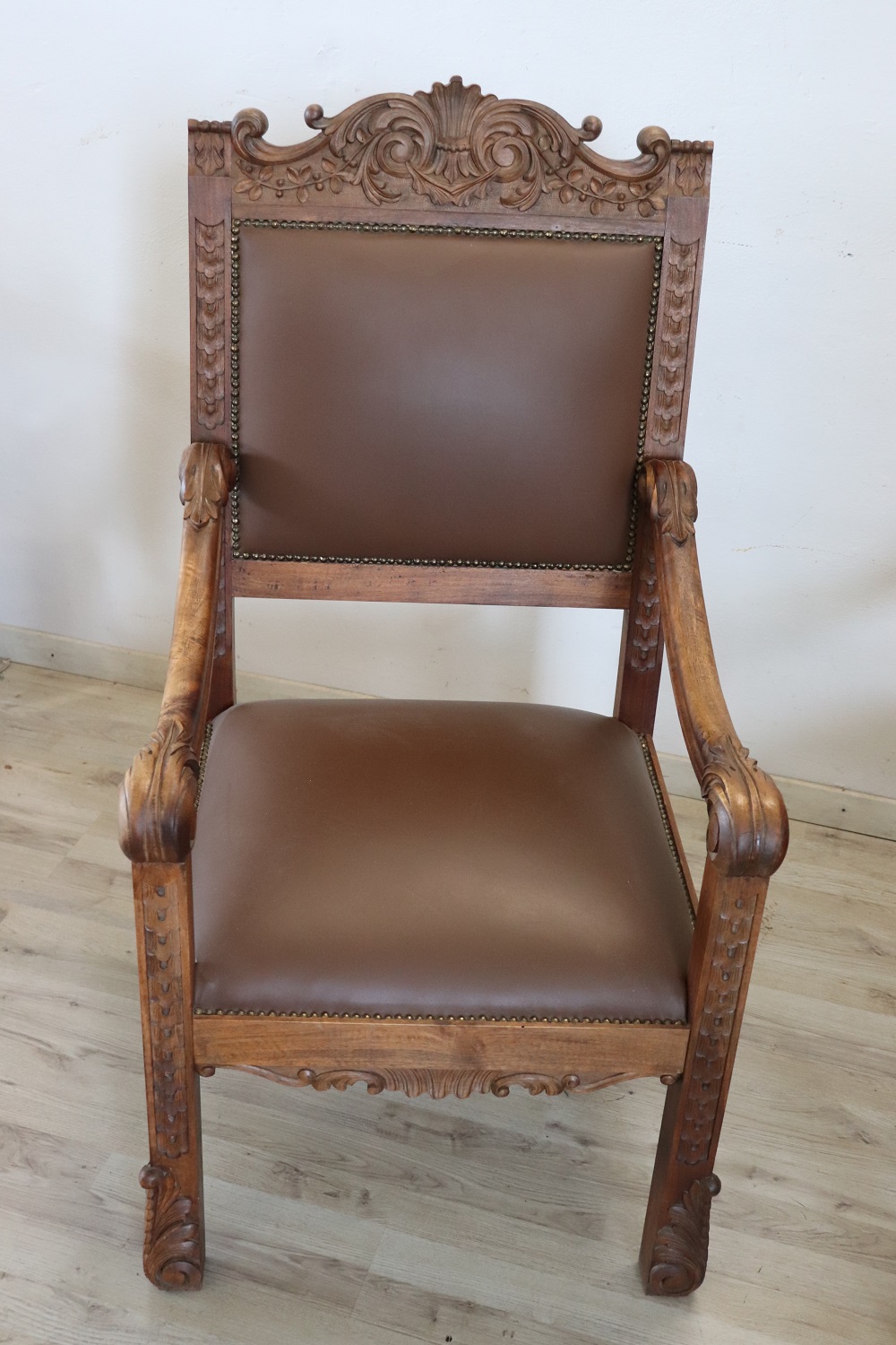 Late 19th Century Carved Walnut Throne Chairs, Set of 2